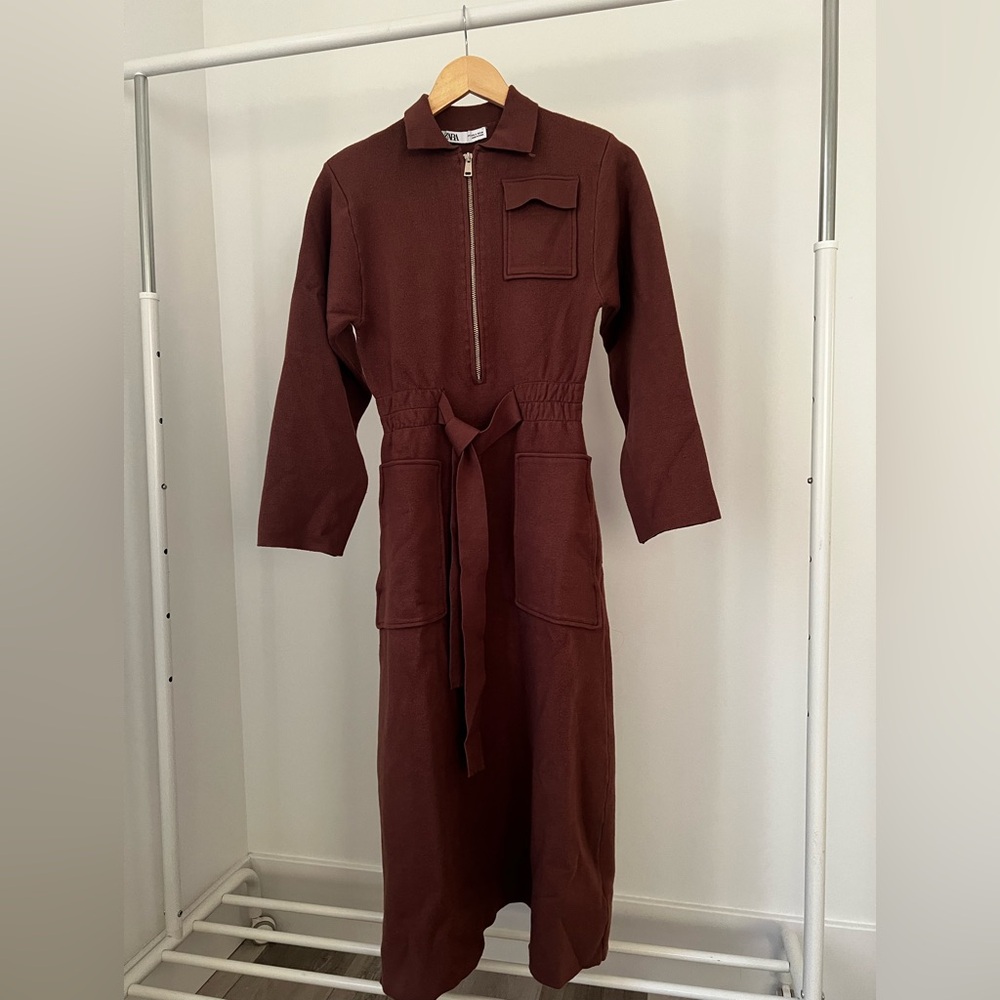 Zara Utility Brown Long-Sleeve Belted Dress